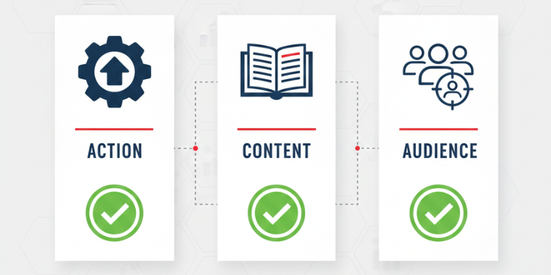 Diagram showing the three signals a strong CTA button label should communicate: Action, Content, and Audience &mdash; the framework for writing descriptive website button labels that AI can understand.