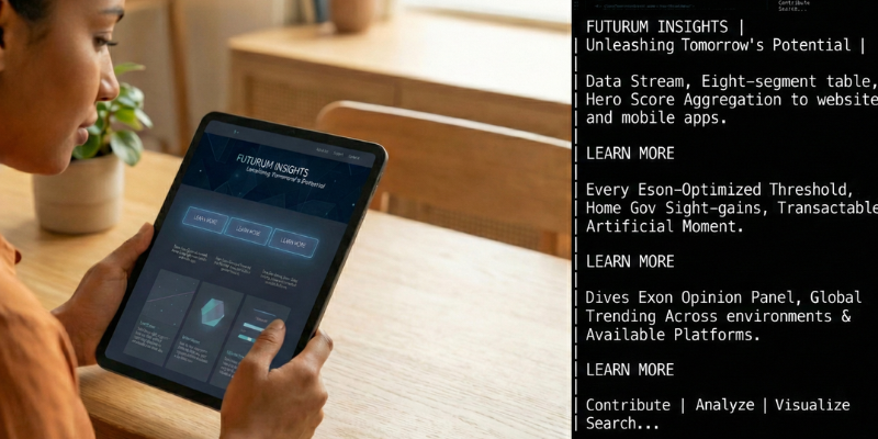 Split image showing a person viewing a designed website on a tablet alongside the raw, stripped text an AI system actually processes &mdash; highlighting the gap between visual design and AI readability.