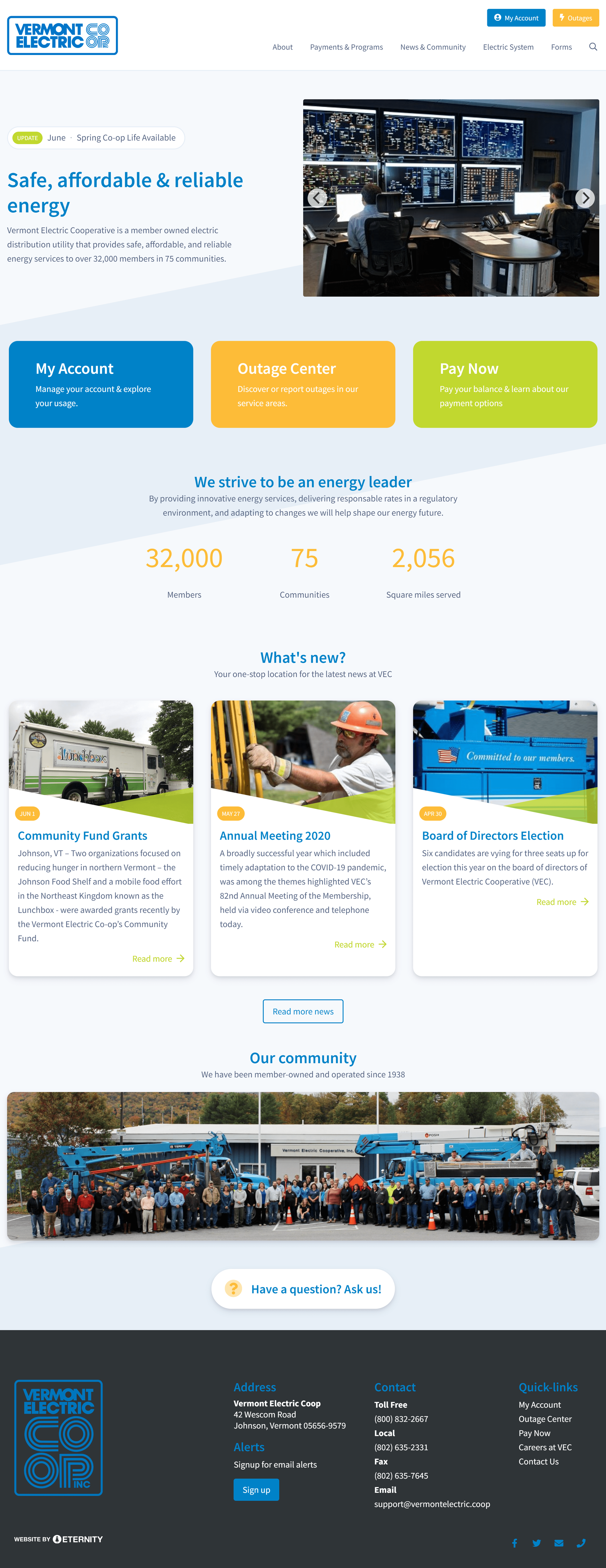 Vermont Electric Cooperative homepage with energy services information and community updates
