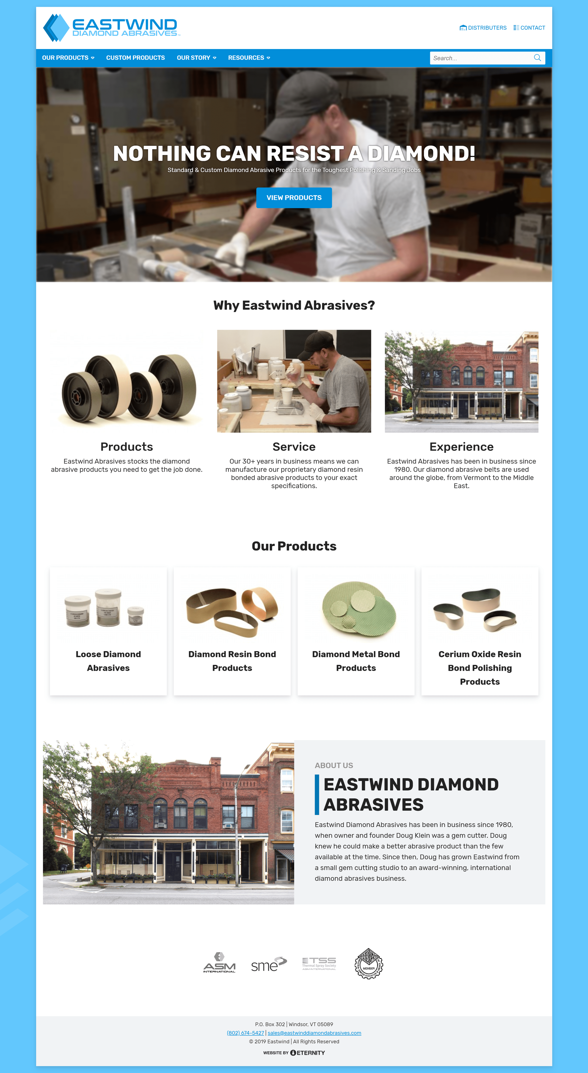 Eastwind Diamond Abrasives website showcasing diamond abrasive products and services