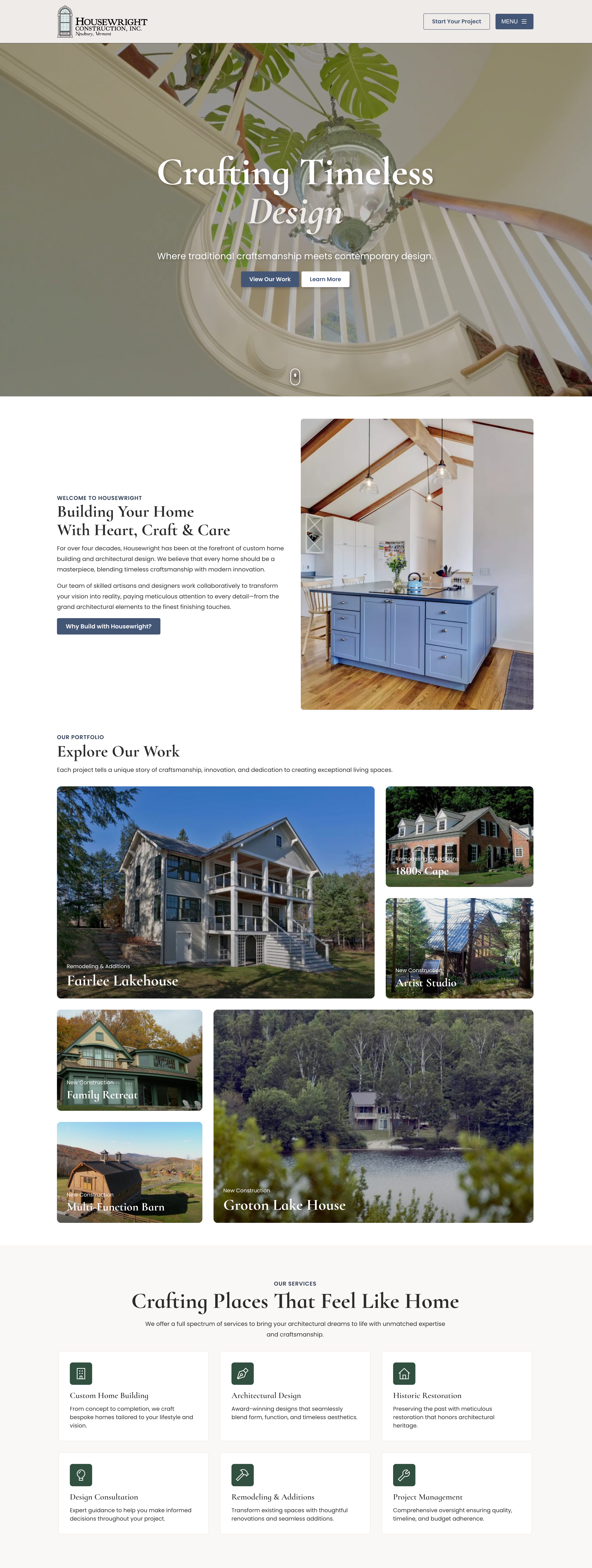 Website homepage for Housewright Construction, showcasing services and portfolio.