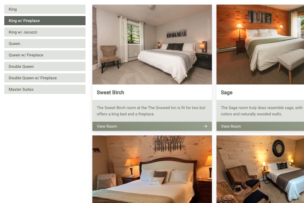 Room options at The Snowed Inn, featuring Sweet Birch and Sage with king and queen beds.