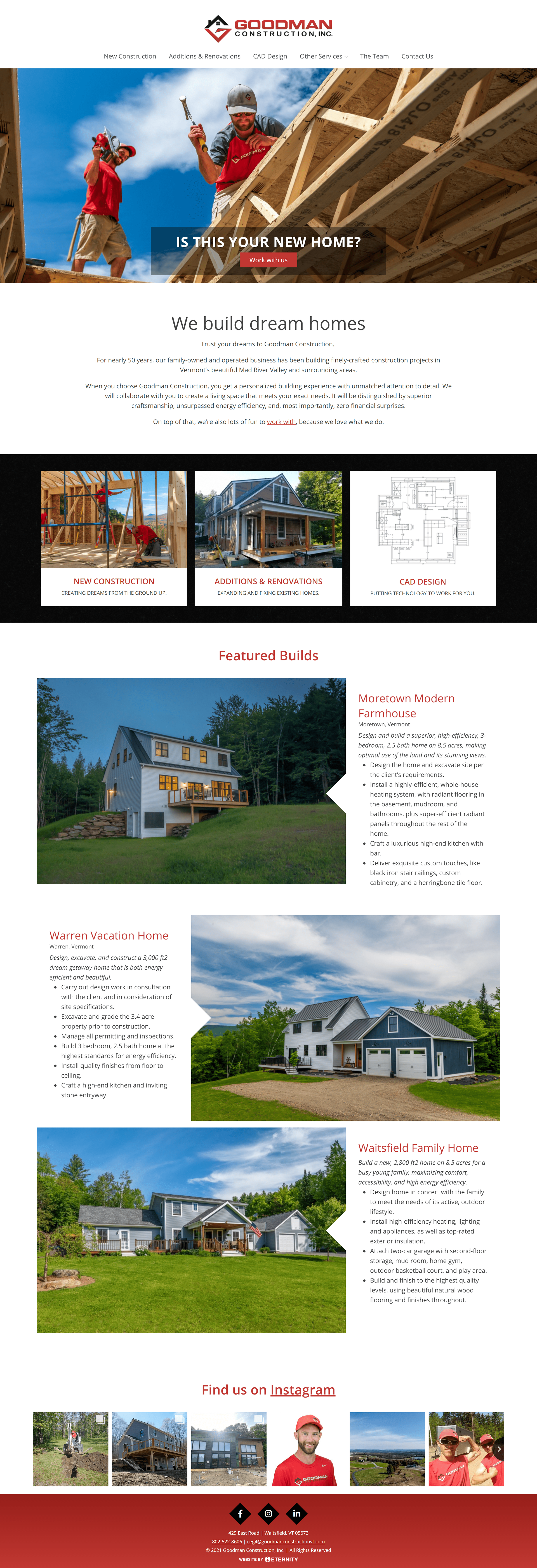 Website for Goodman Construction showcasing home building services and featured projects
