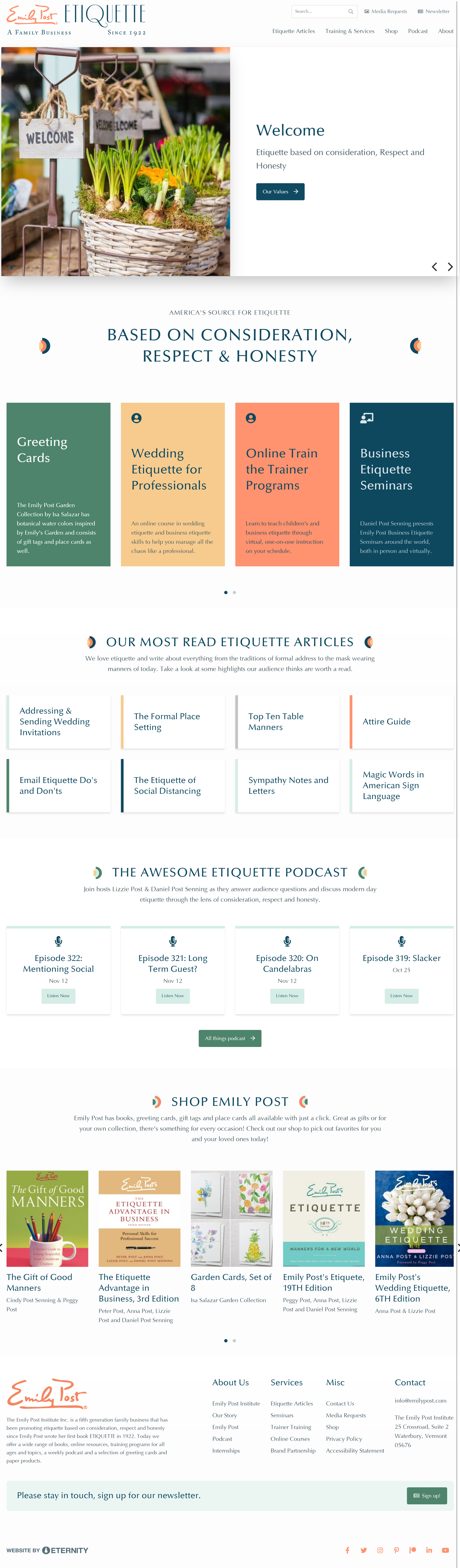 Website screenshot for Emily Post Etiquette, offering resources on etiquette and training