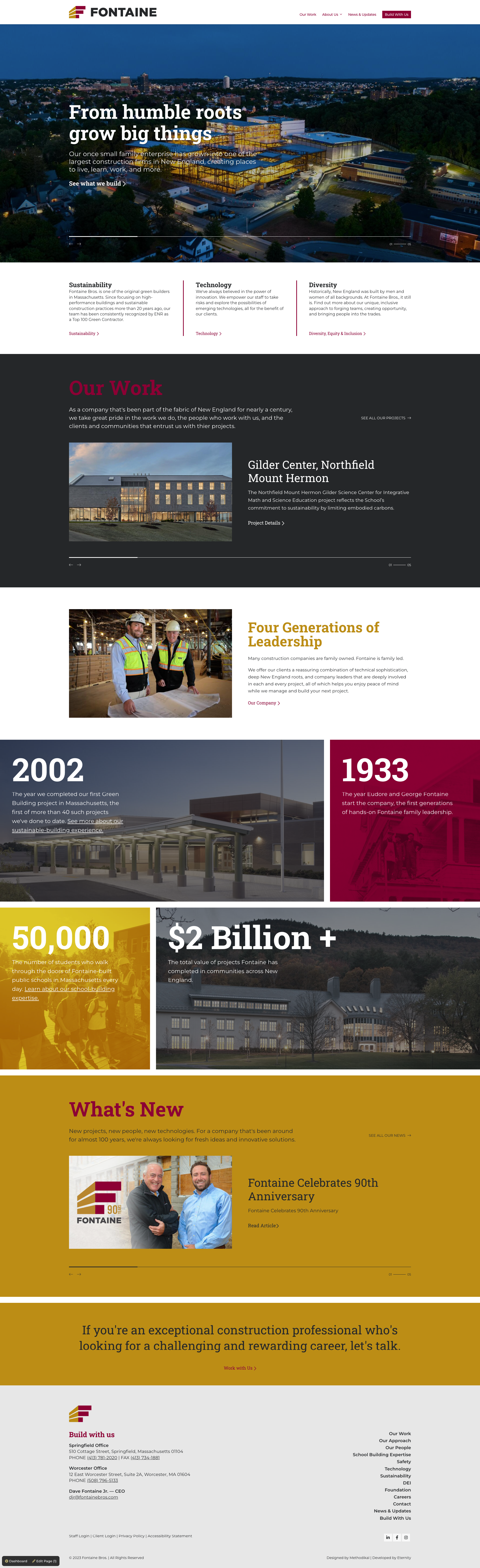 Website homepage for Fontaine highlighting construction and sustainability initiatives