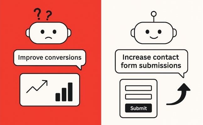 Two robots, one concerned about conversions, the other happy about increased form submissions.