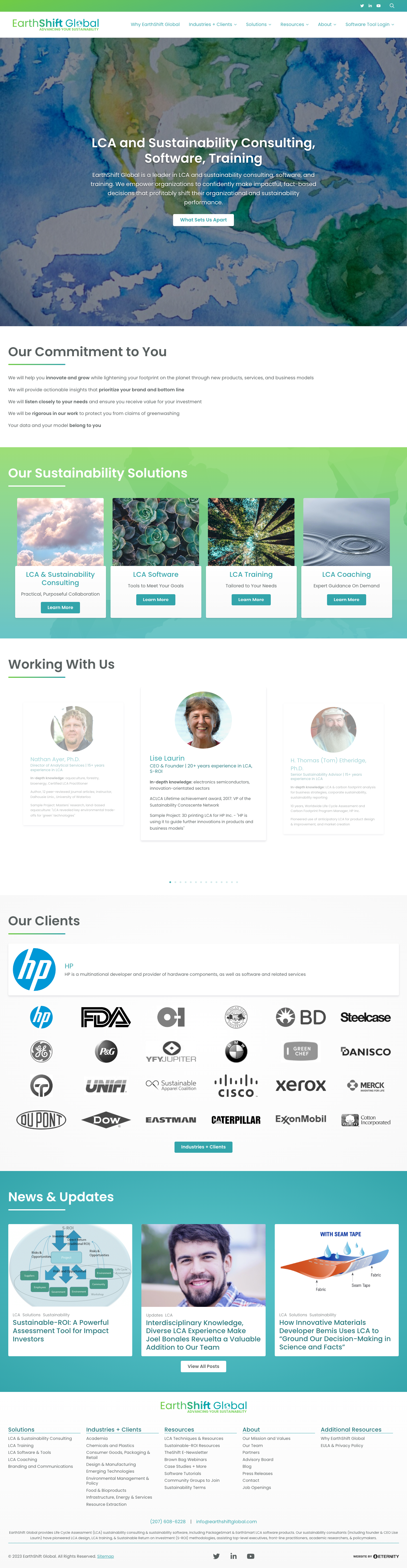 Website layout for EarthShift Global, focusing on sustainability consulting and solutions