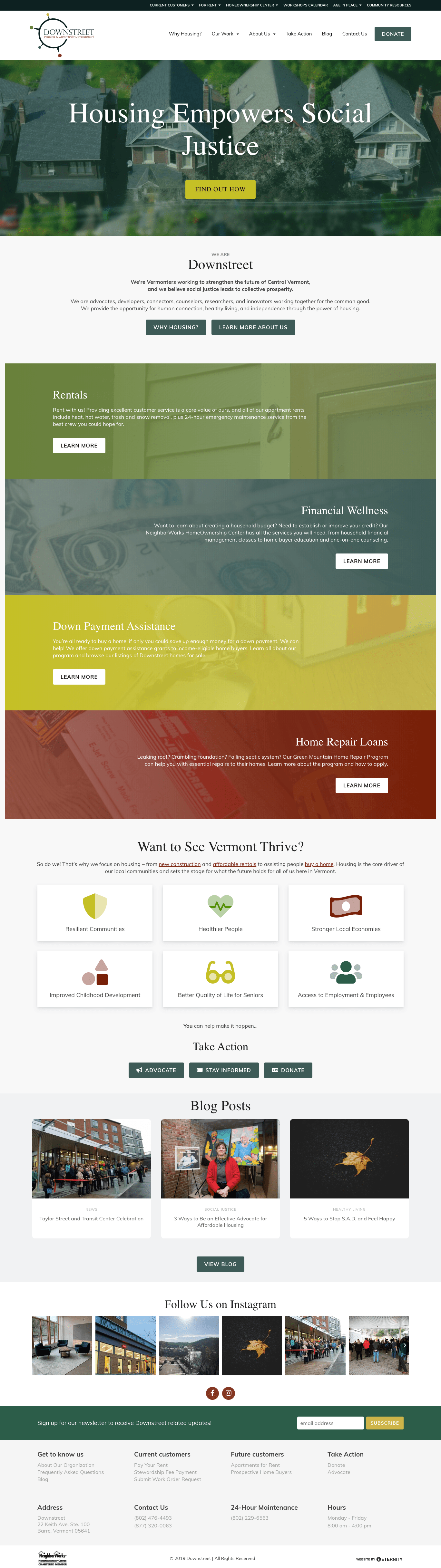 Website homepage for Downstreet focusing on housing and social justice initiatives