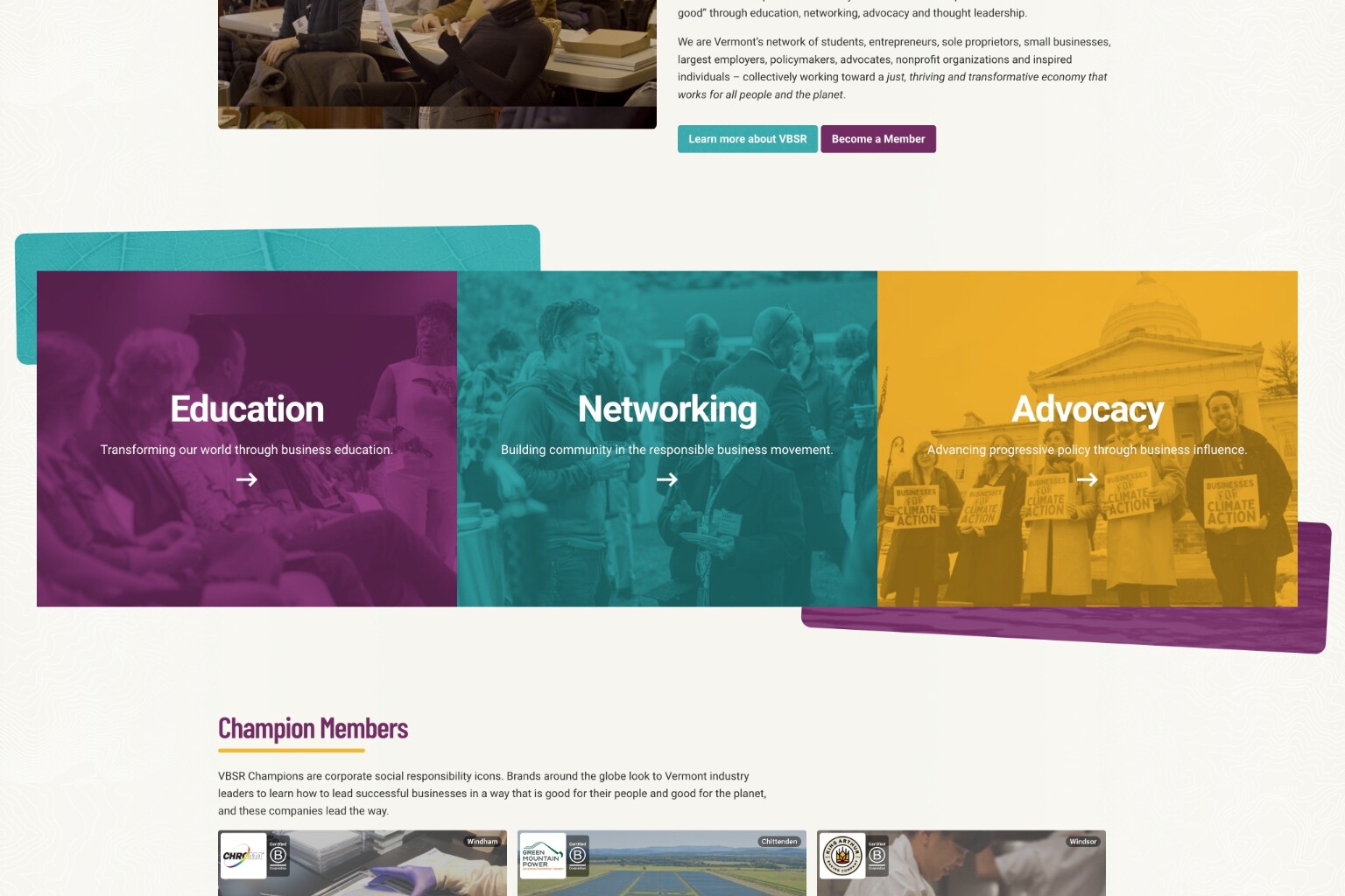 VBSR website section highlighting education, networking, and advocacy for responsible business.