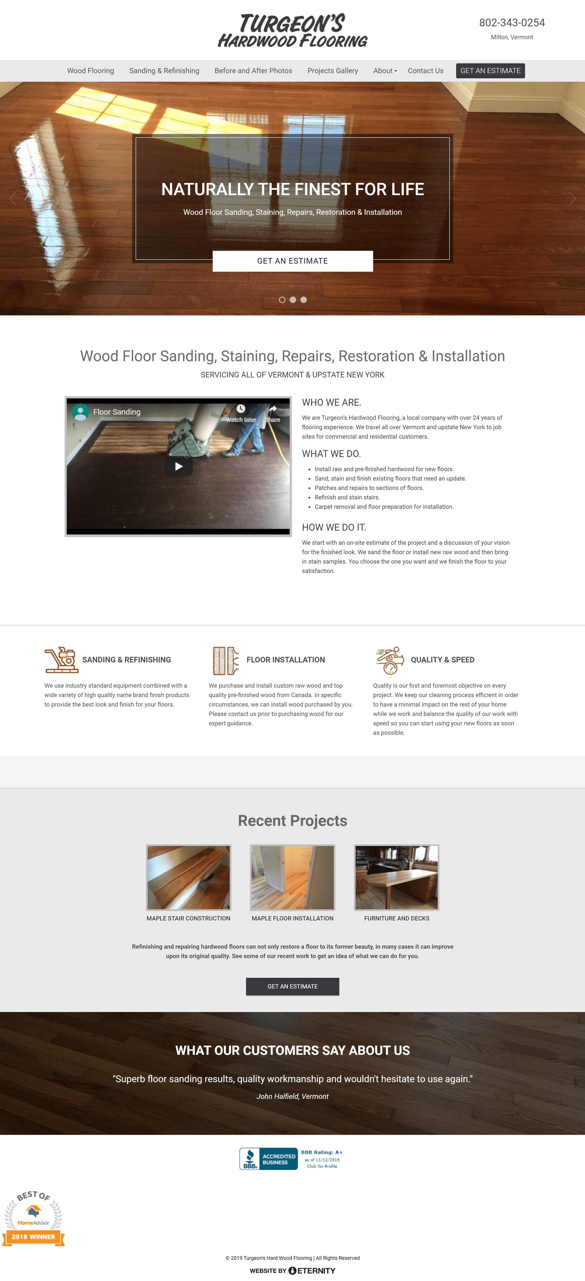 Website for Turgeon's Hardwood Flooring services and projects overview
