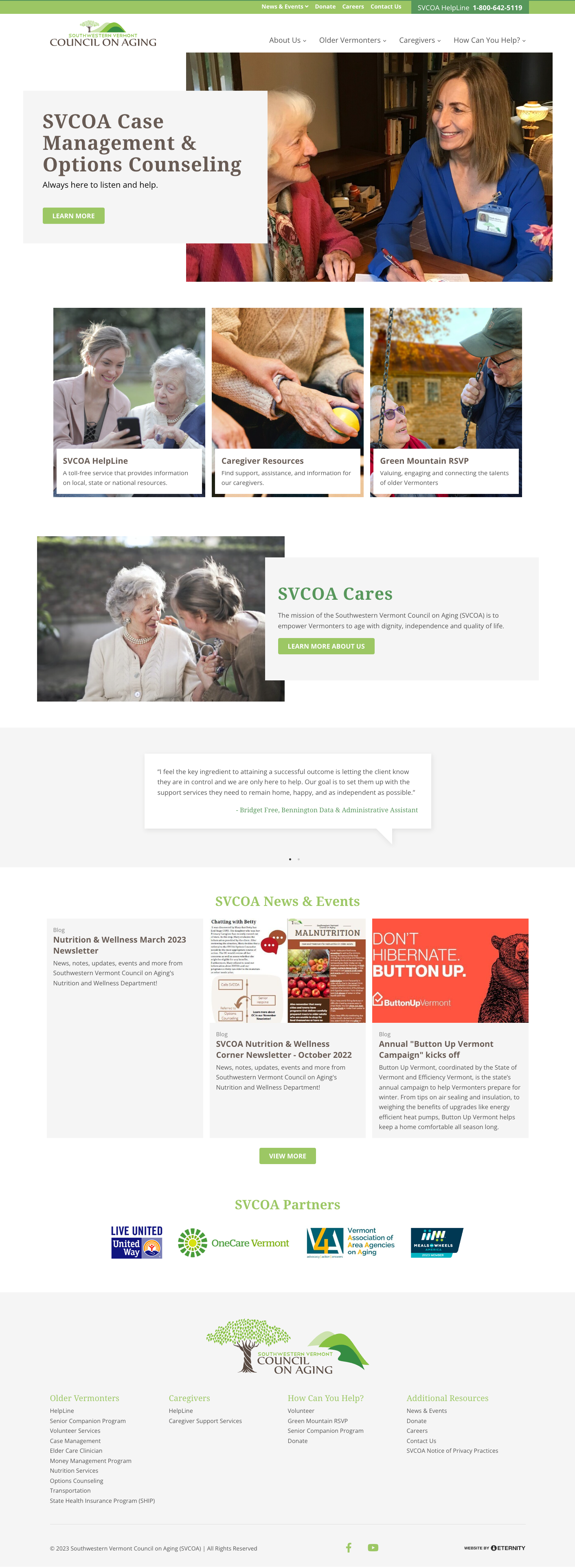 Homepage of Southwestern Vermont Council on Aging with services and resources for older adults