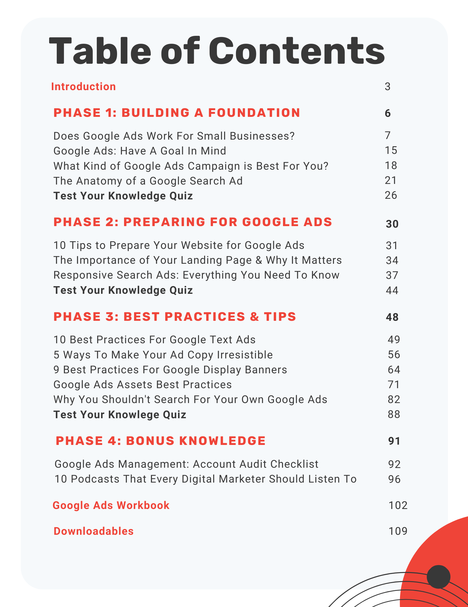 Table of contents for a guide on Google Ads, covering phases, tips, and resources.