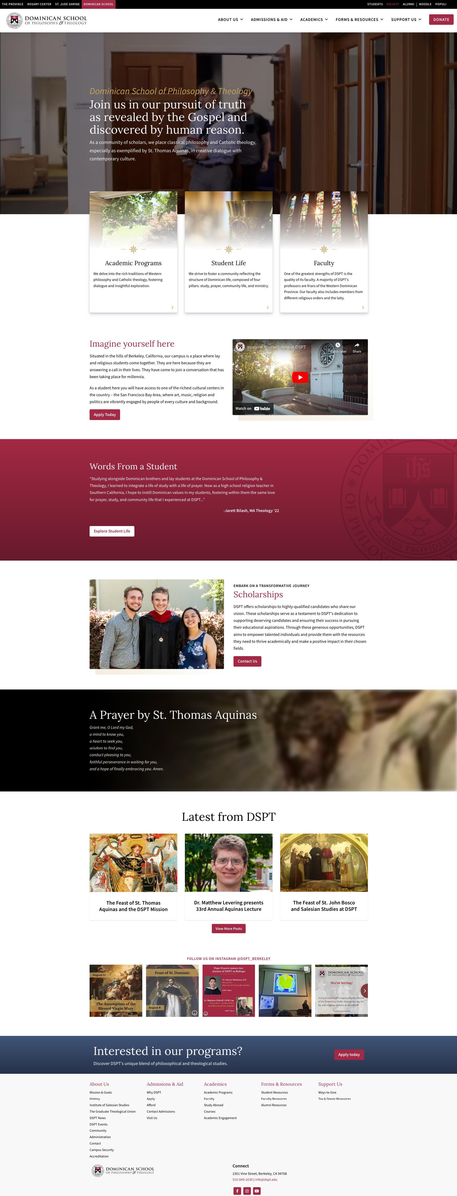 Homepage of the Dominican School of Philosophy & Theology, highlighting programs and campus life.