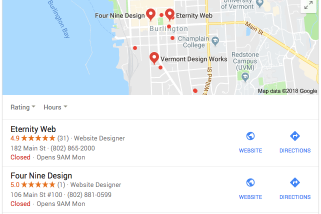 Map showing website design businesses in Burlington, with contact details and ratings