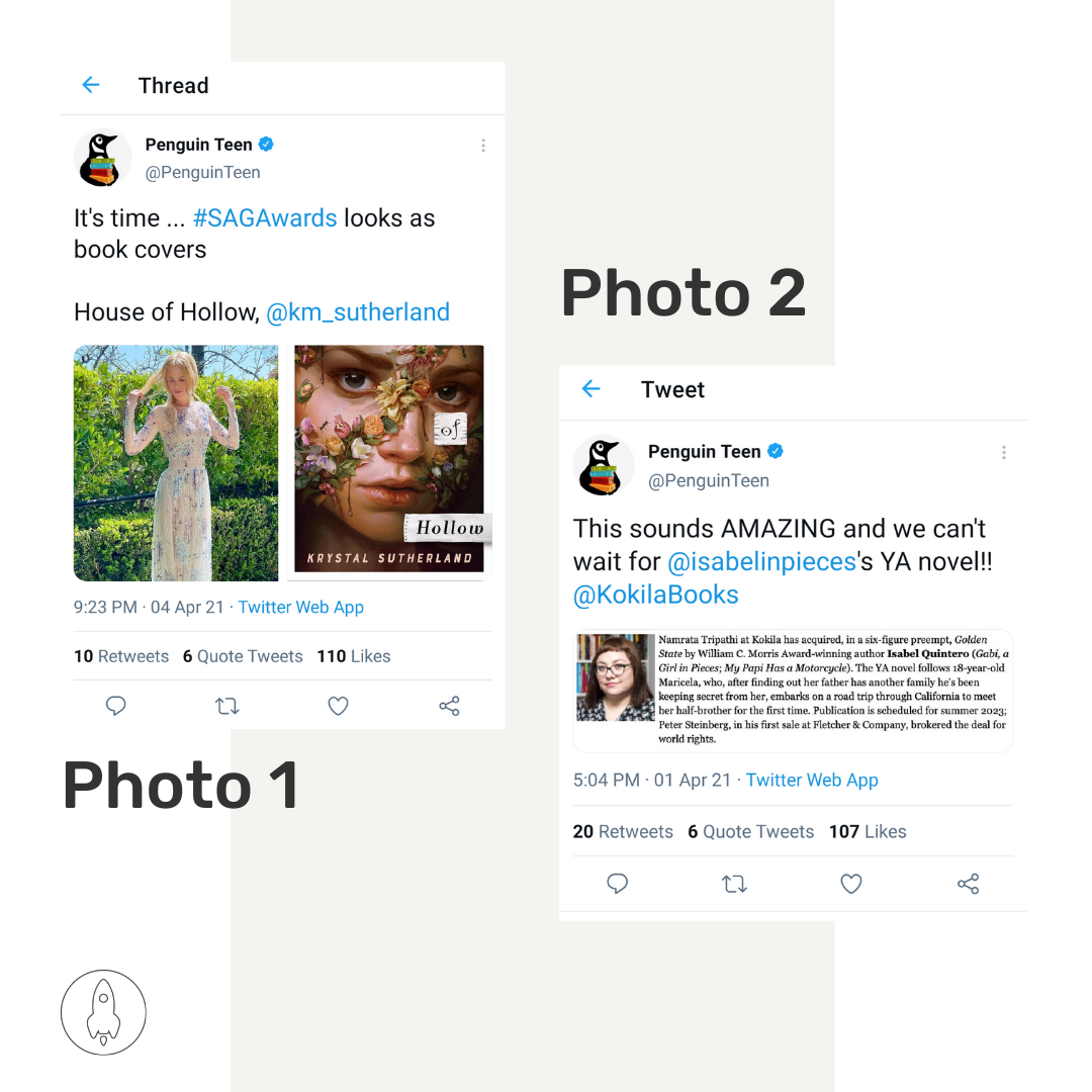 A photo of two tweets. Both are examples of social language that centers around community building.
