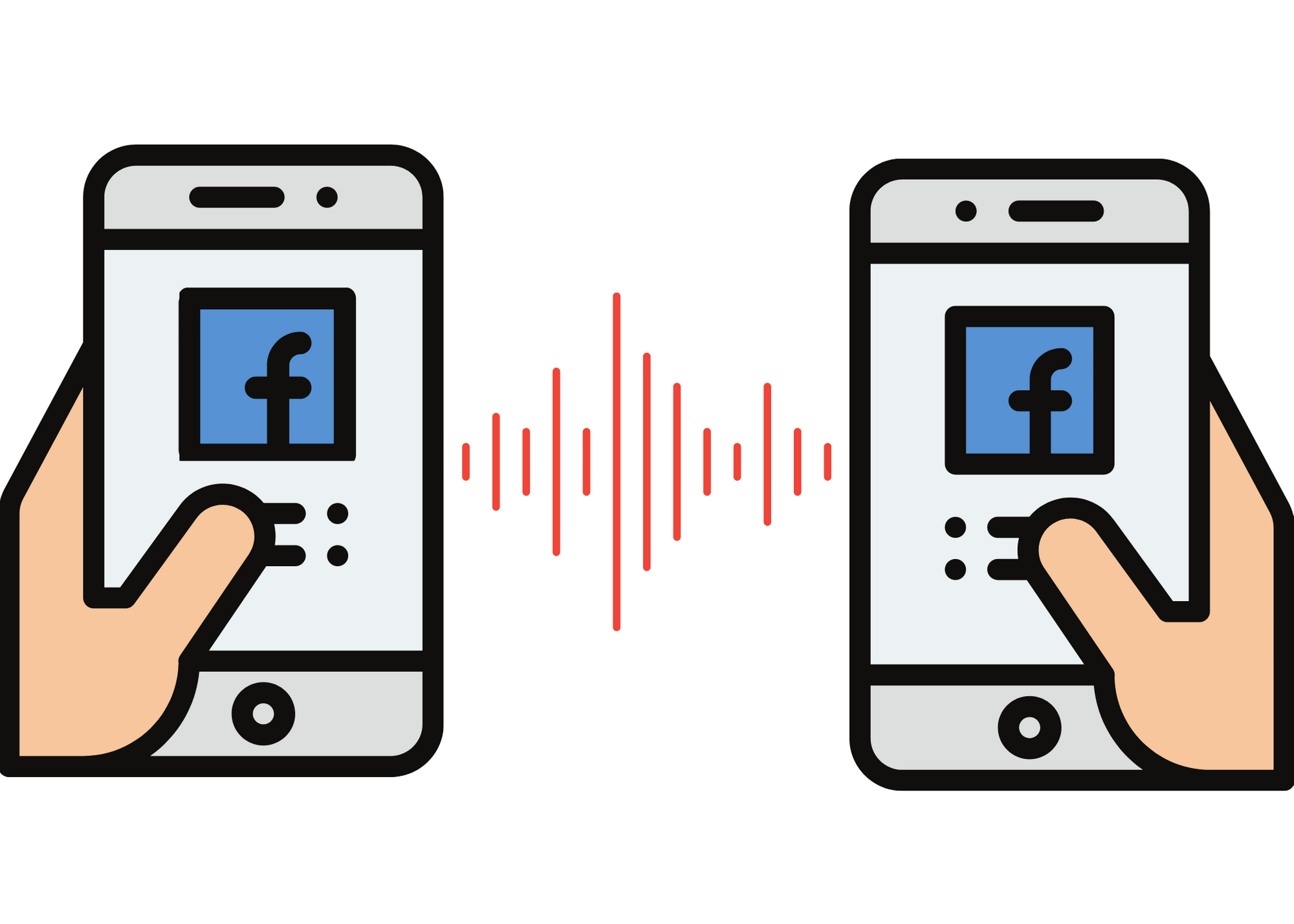 A graphic of two hands holding phones. Facebook is open on each.