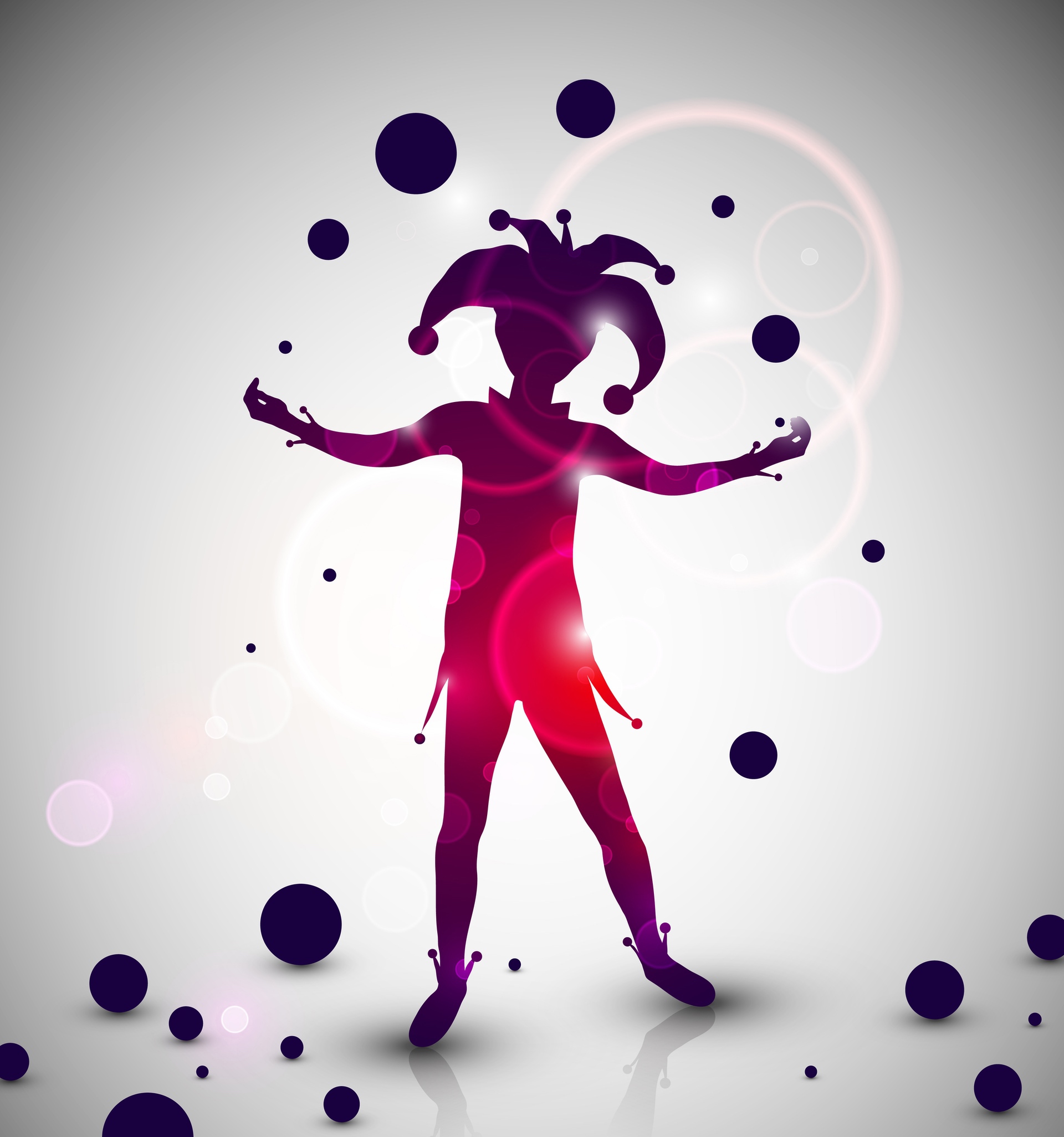 drawing of a juggling jester silhouette with several balls in the air and on the ground