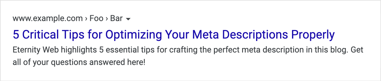 The best example of a meta description that says "Eternity Web highlights 5 essential tips for crafting the perfect meta description in this blog. Get all of your questions answered here!"