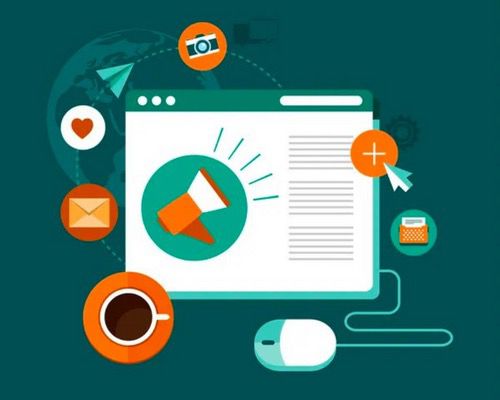 Digital marketing icons with a browser window, megaphone, and mouse pointer