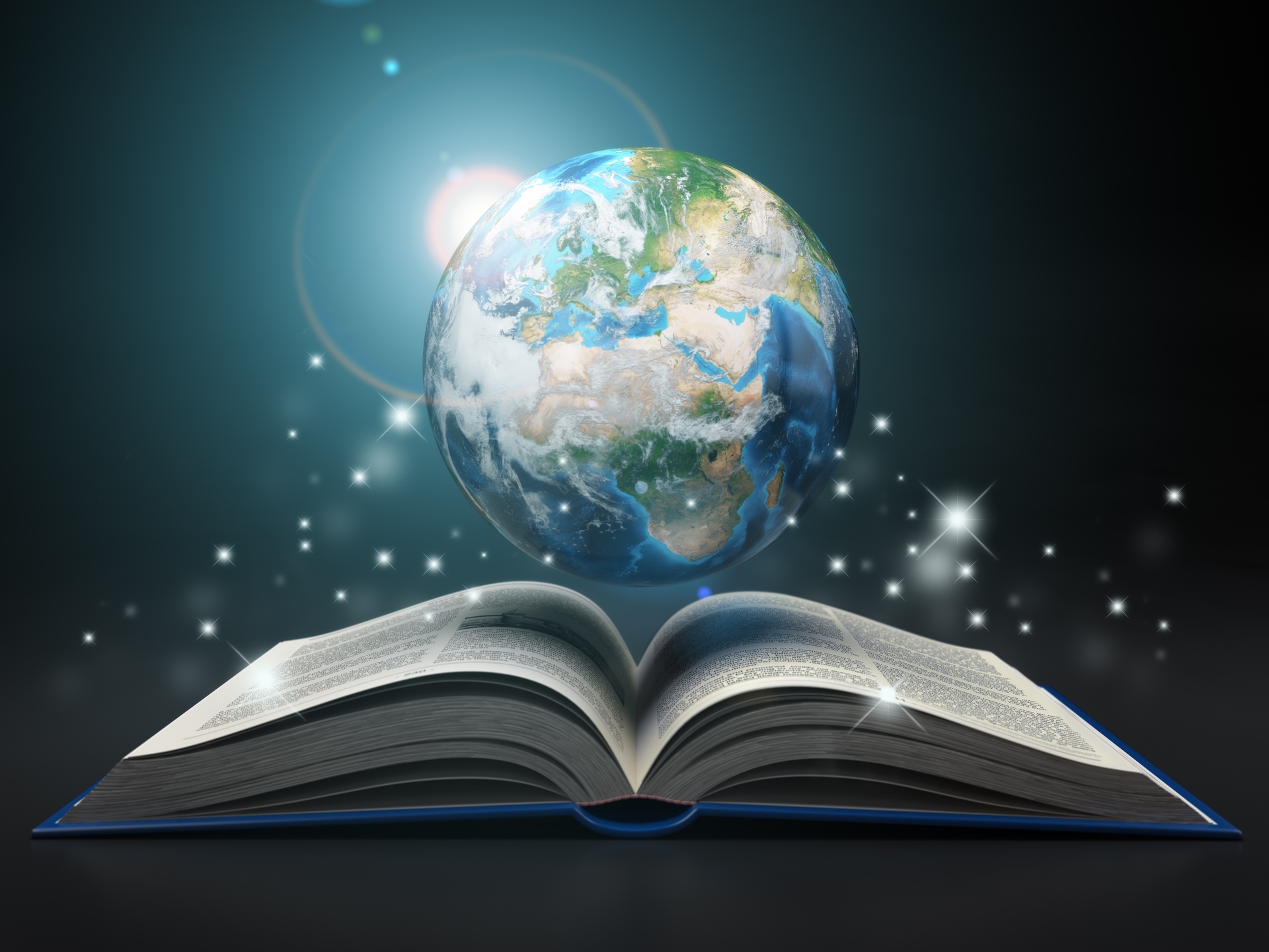 drawing of an open book with earth and stars floating above it