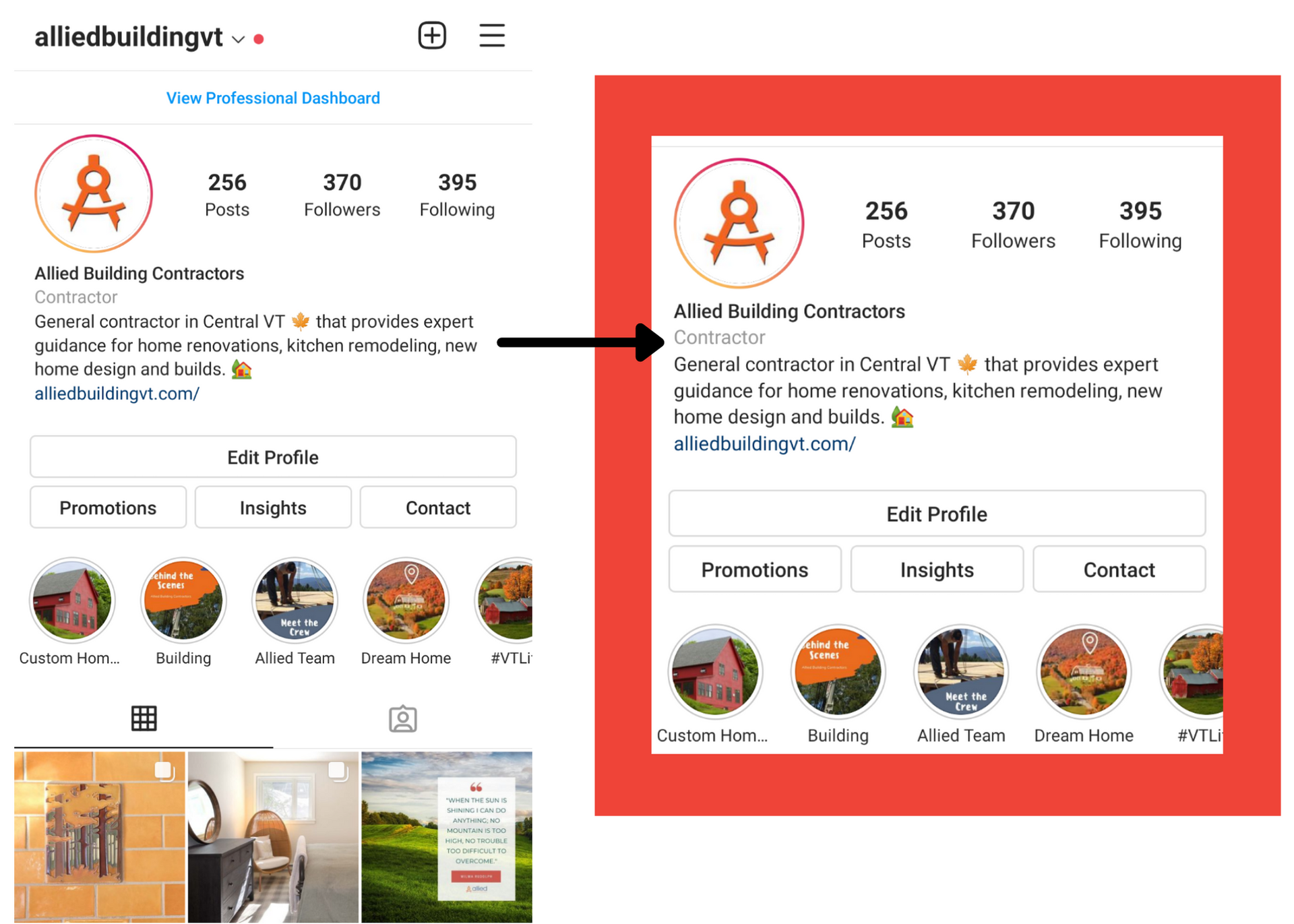 A graphic showing Allied Building Contractor's Instagram Bio