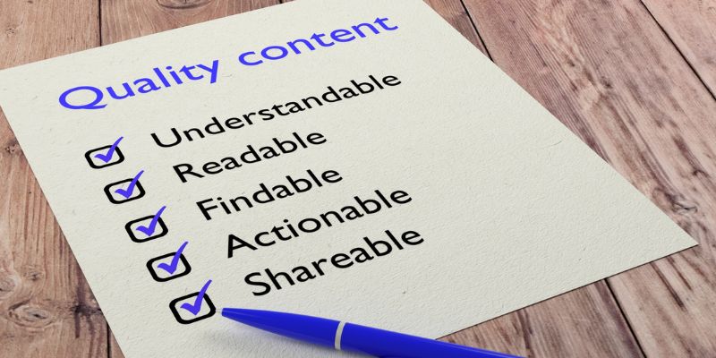 Checklist of "Quality content" with items checked off: Understandable, Readable, Findable, Actionable, Shareable.
