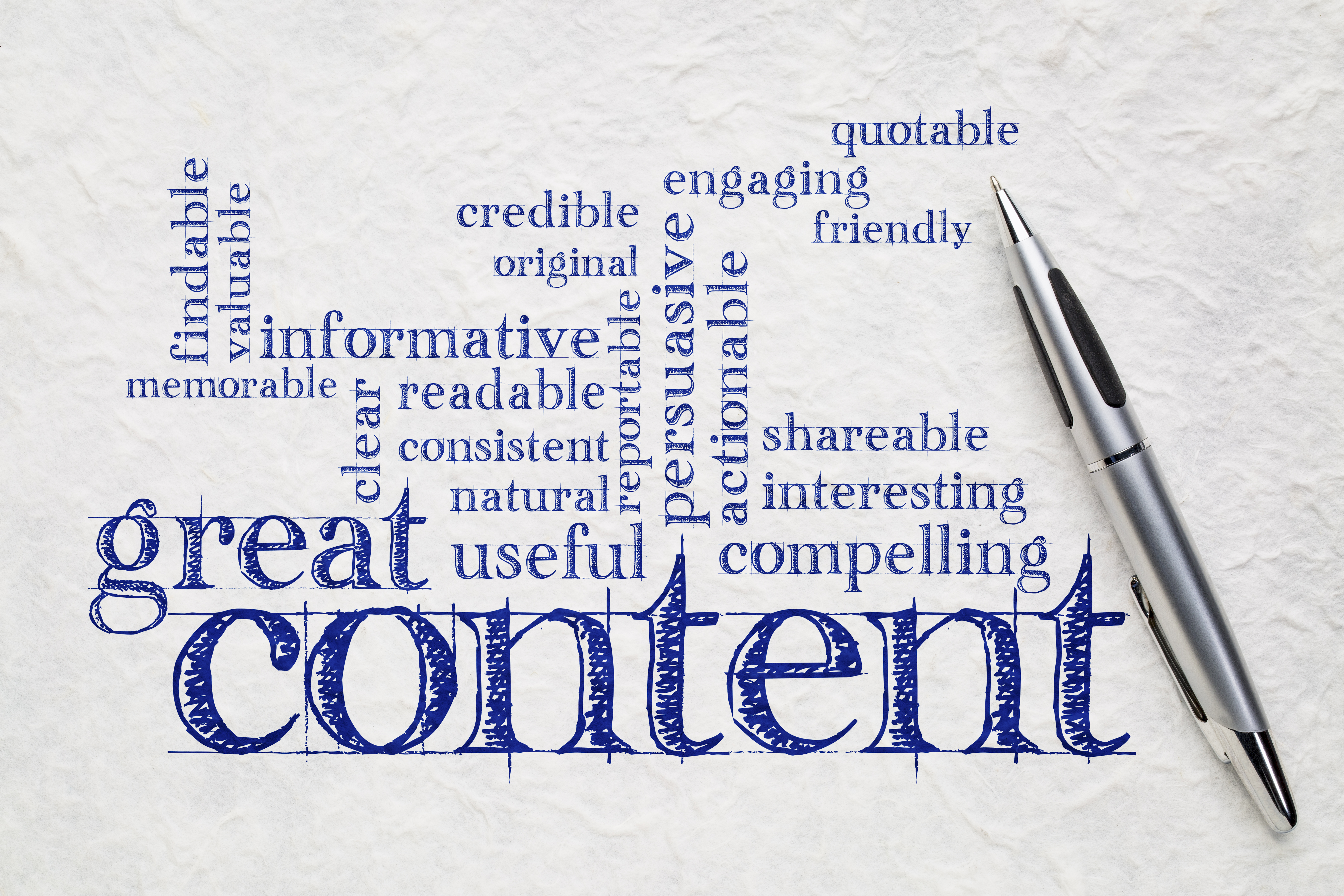 A pen is next to multiple words related to "Great Content"