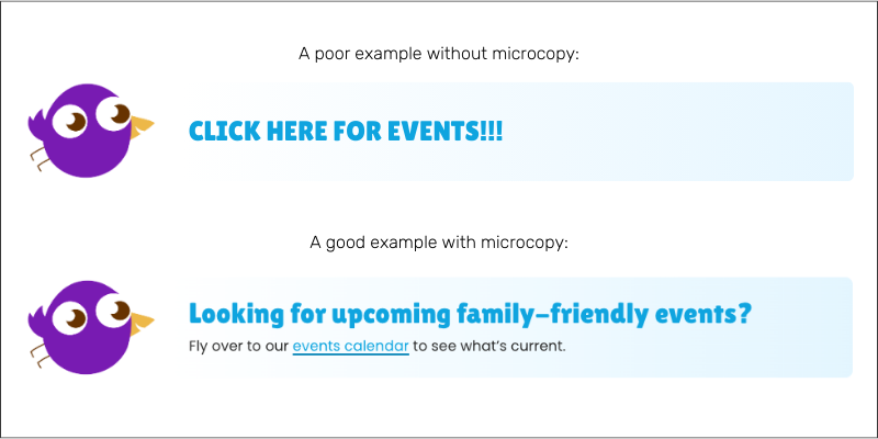 Example of poor vs. effective microcopy featuring a purple bird icon with text showing a call-to-action improvement.