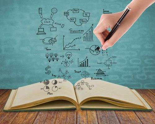 Open book with business diagrams and hand writing notes on a chalkboard background