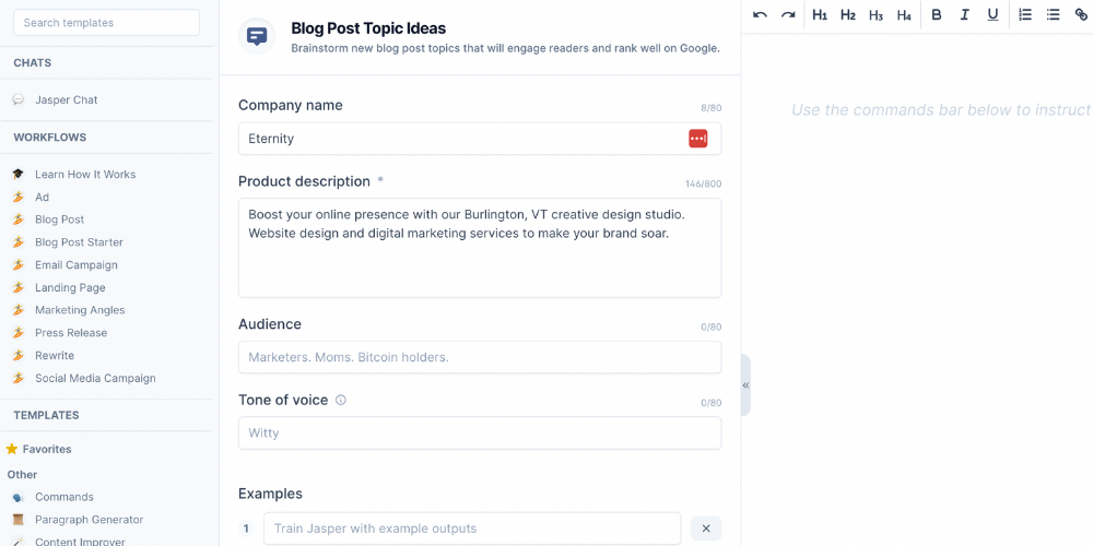 Blog post topic brainstorming interface for a company named Eternity