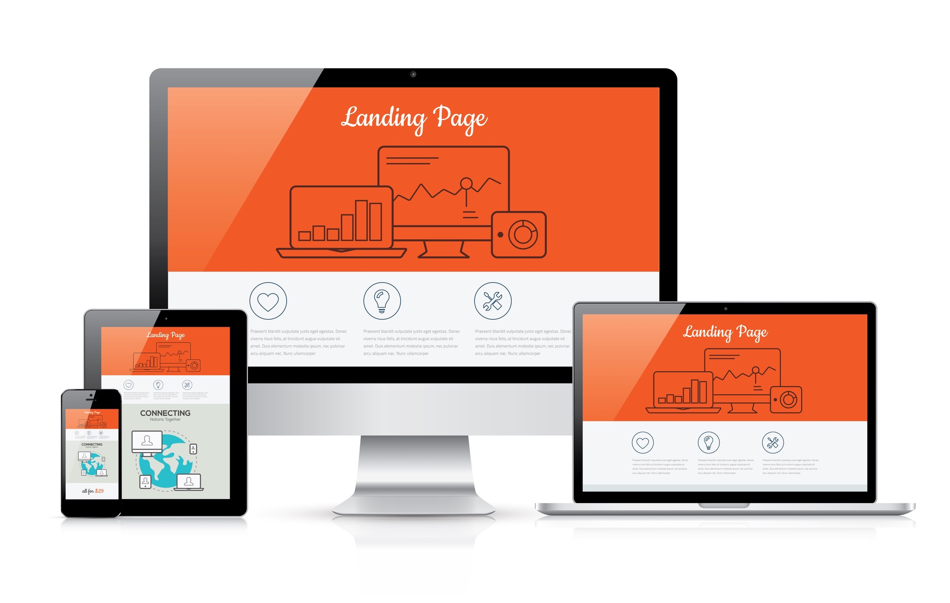 white background with various sizes of computer screens all with a red, white, and black landing page template that would be used when building a website