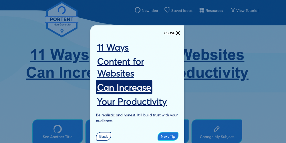 Text overlay on a website offering tips on increasing productivity through content