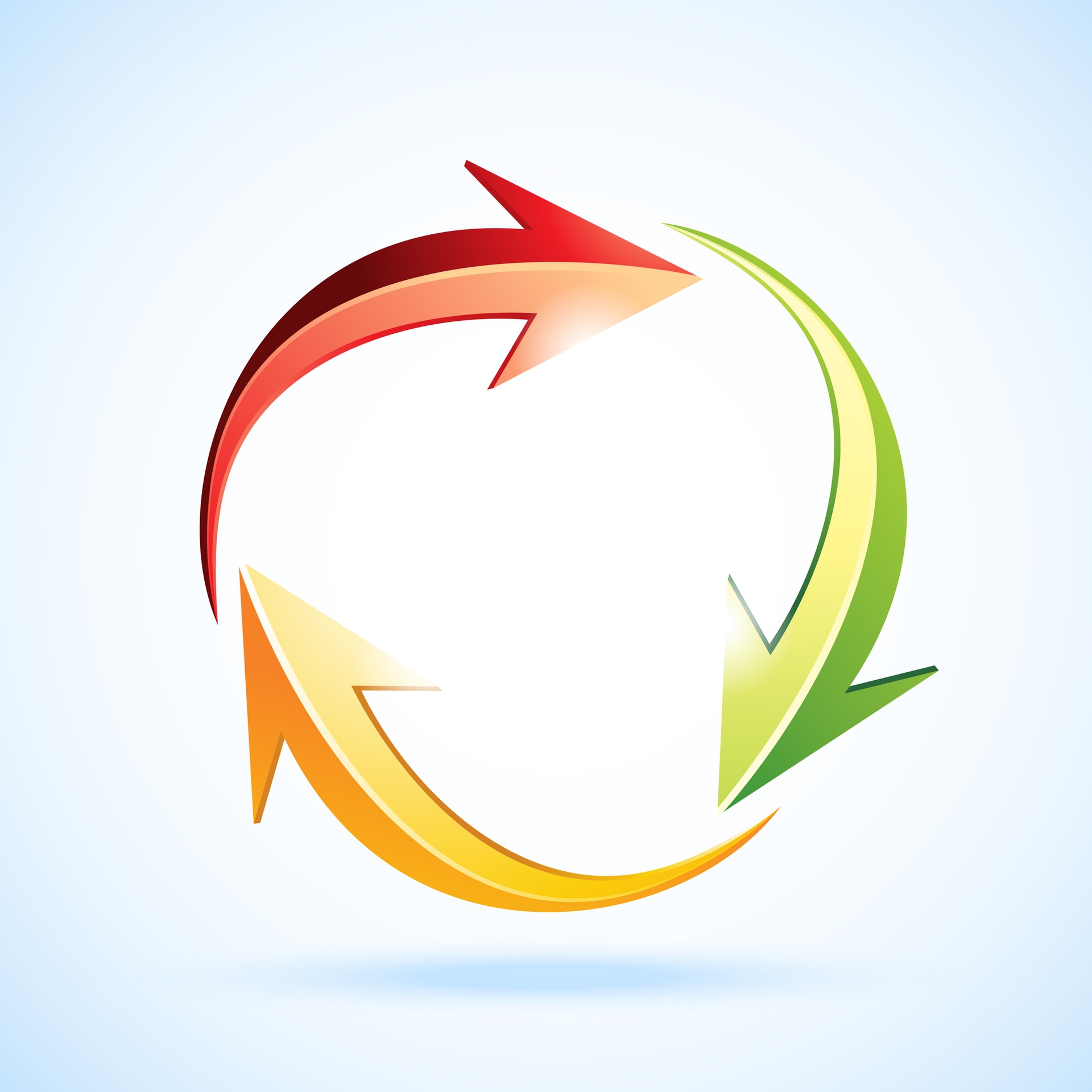 red, green, and yellow arrows in the pattern of a recycling logo against a light blue background