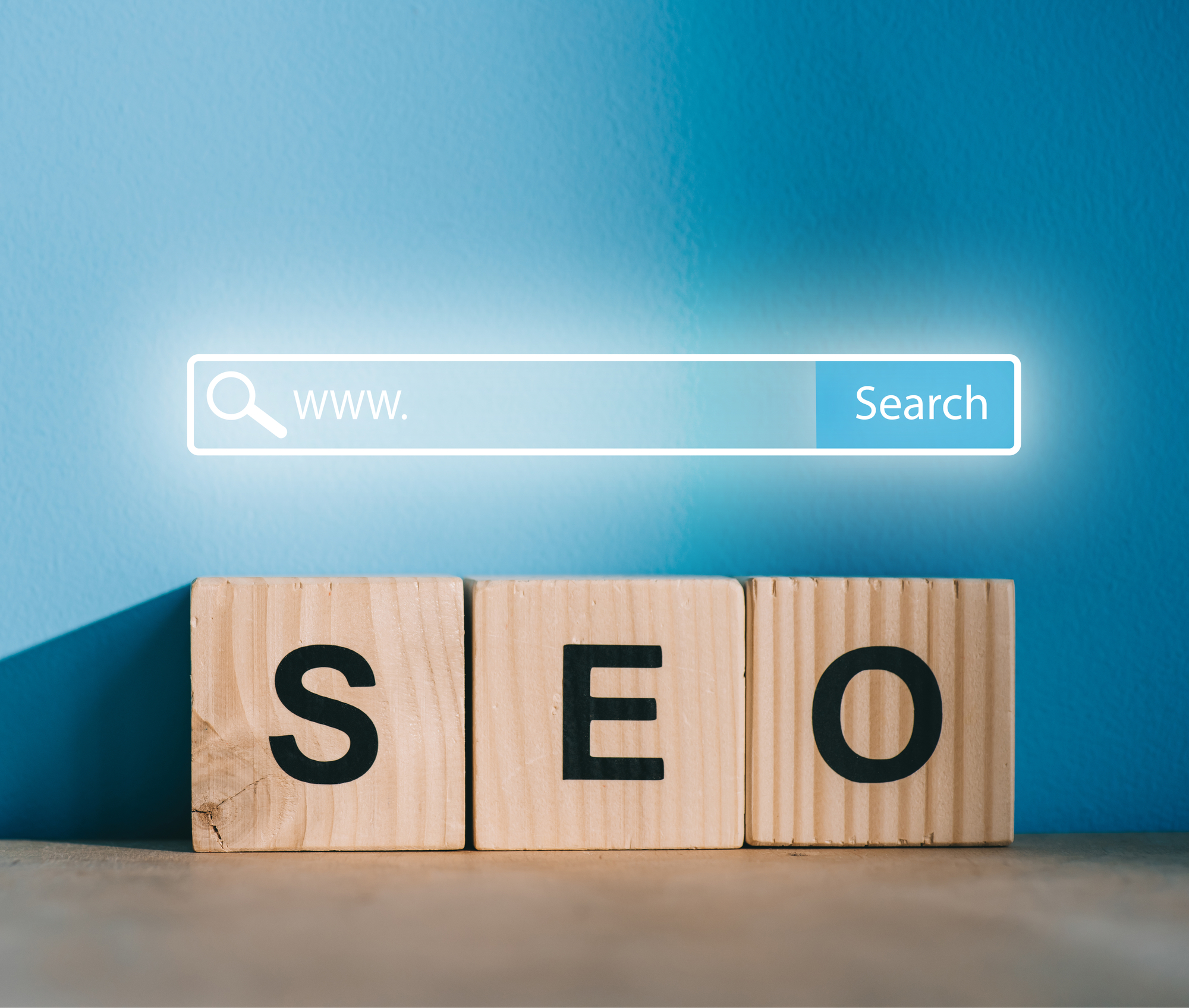 SEO blocks on blue background with website search bar