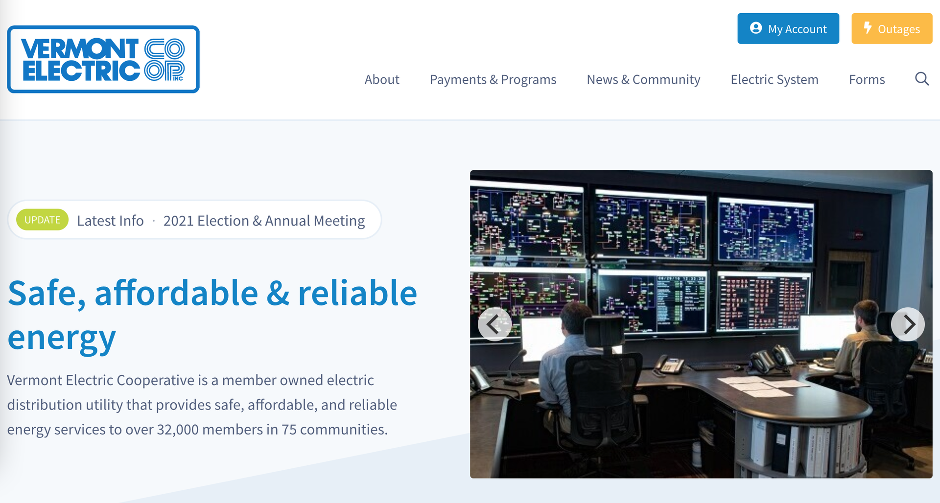 Control room with operators monitoring energy data and systems for Vermont Electric Cooperative