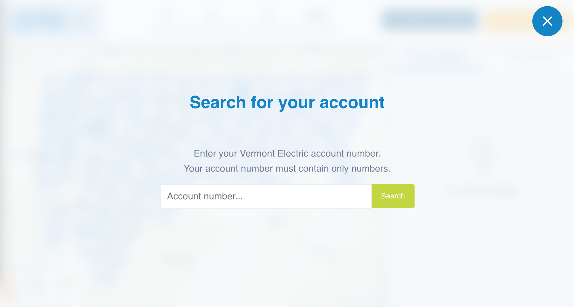Vermont Electric account search interface with input field for account number