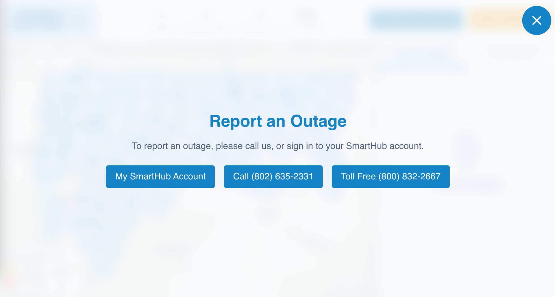 Popup for reporting an outage with contact options and instructions