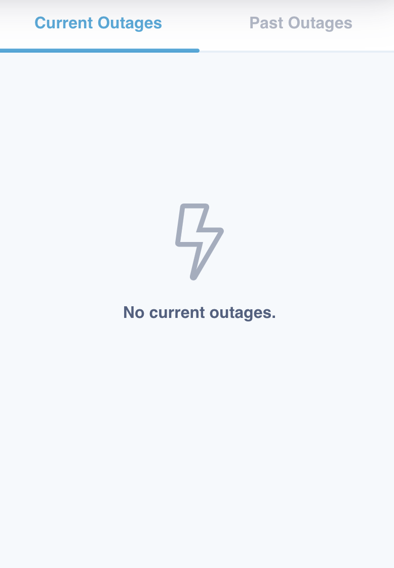 Screen indicating no current outages, with a lightning bolt icon