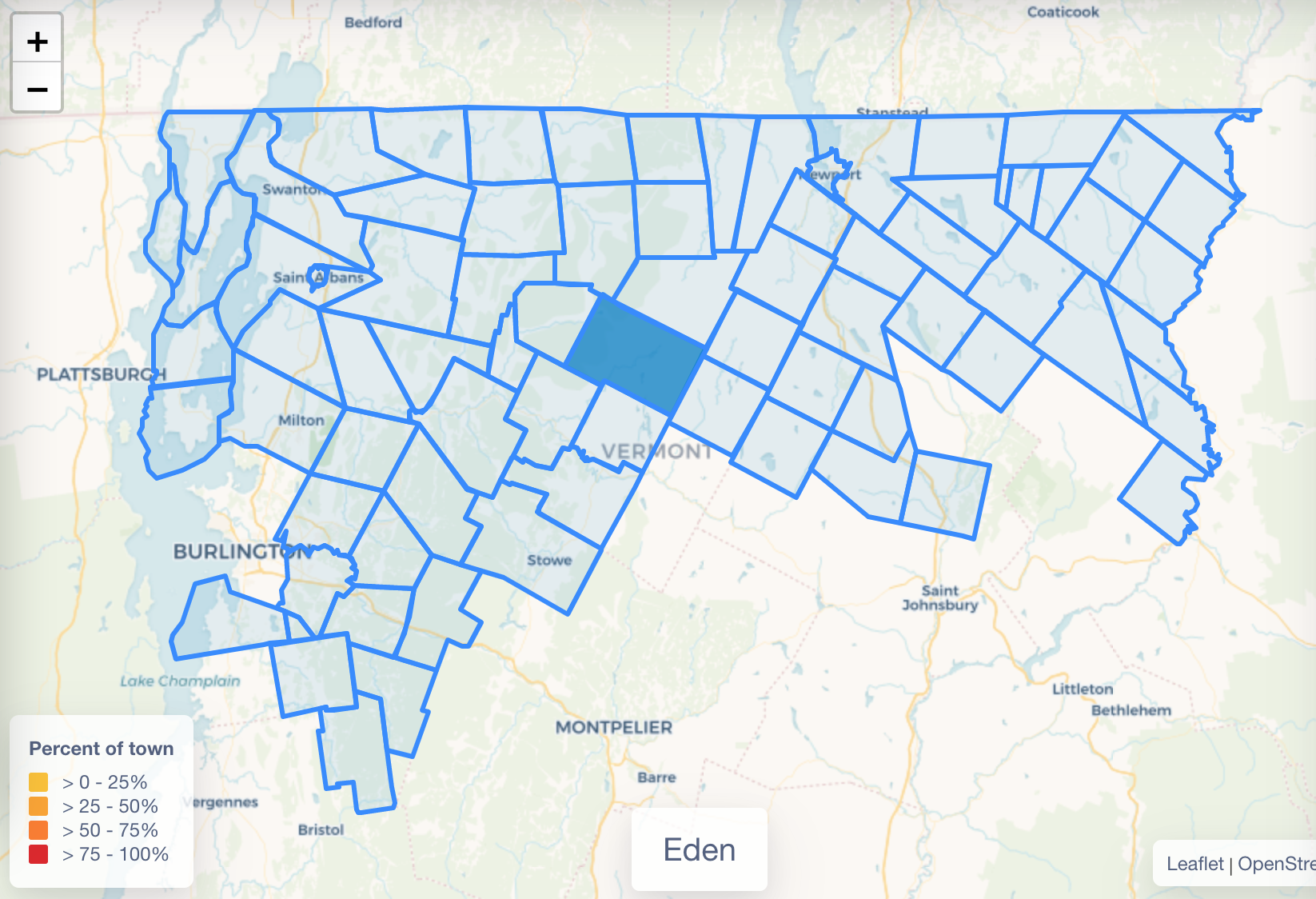Map of Vermont counties featuring color-coded percentages of town data.