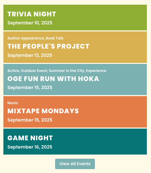 Event schedule listing trivia, talks, runs, and game nights for September 2025