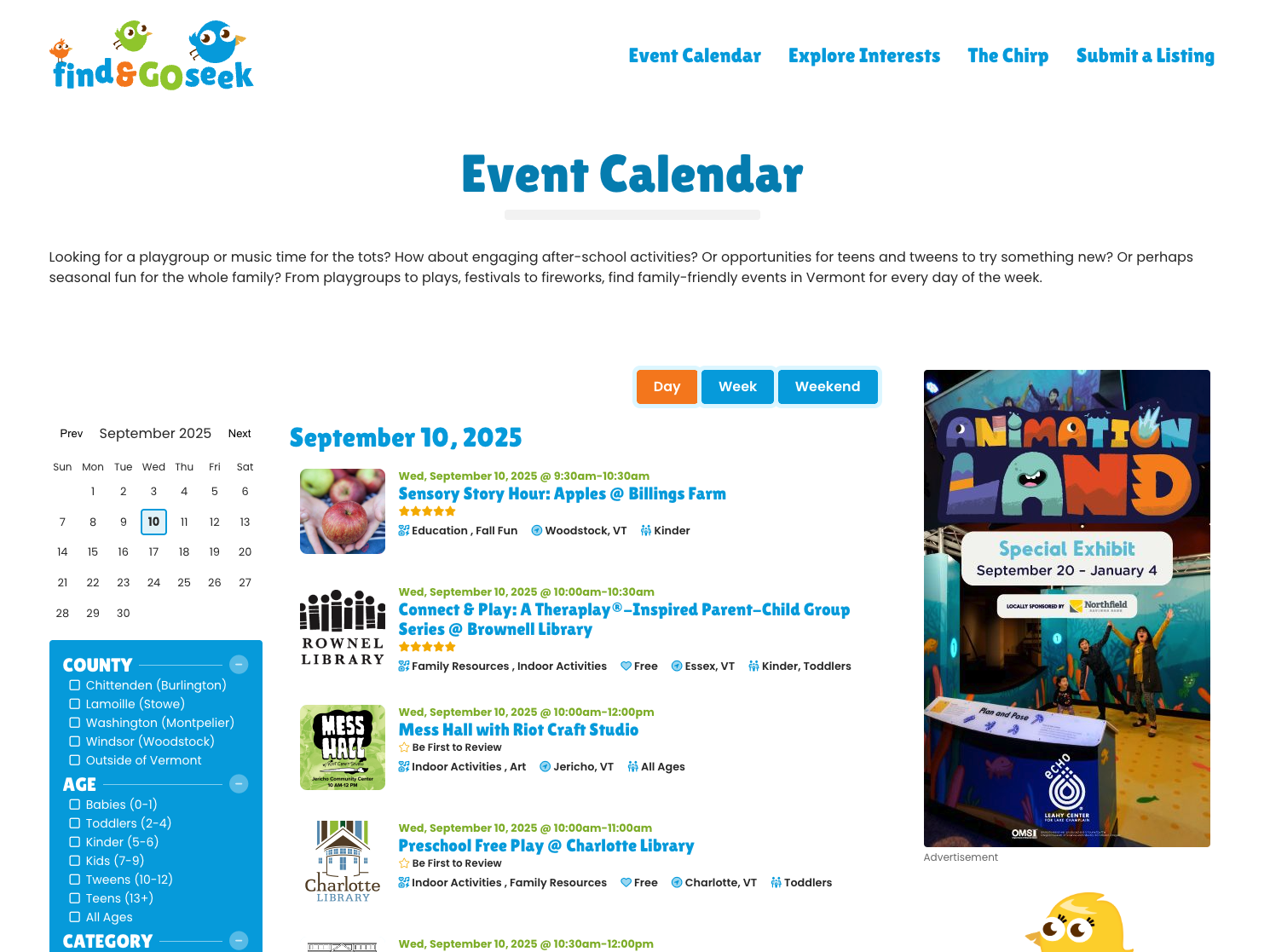 Event calendar for family-friendly activities in Vermont on September 10, 2025