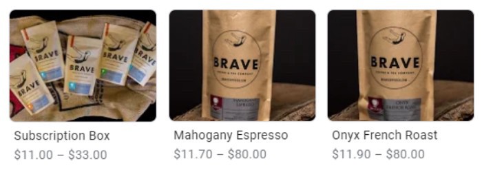 Coffee products with pricing: Subscription Box, Mahogany Espresso, Onyx French Roast