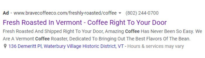Ad for fresh coffee delivery from a Vermont roaster with contact details