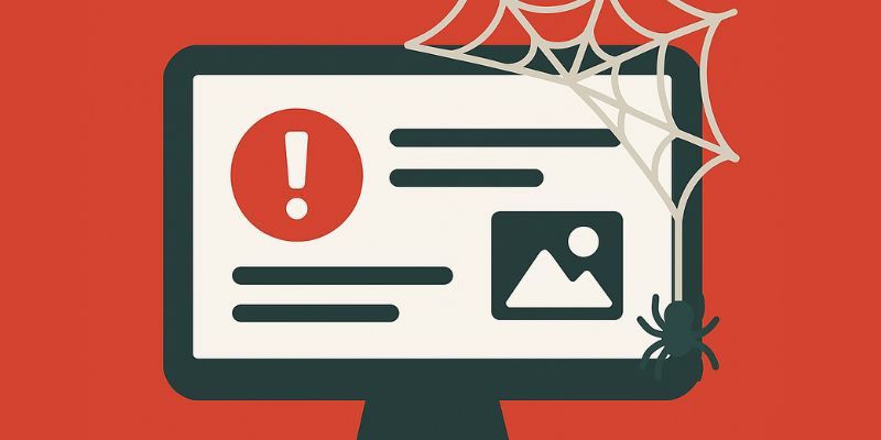 Illustration of outdated web content with warning sign, spider, and cobweb on a monitor.