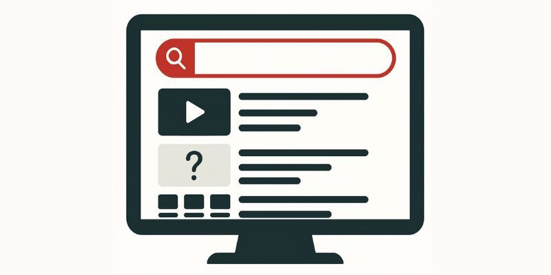 Illustration of a search engine results page on a computer screen with video and query icons.
