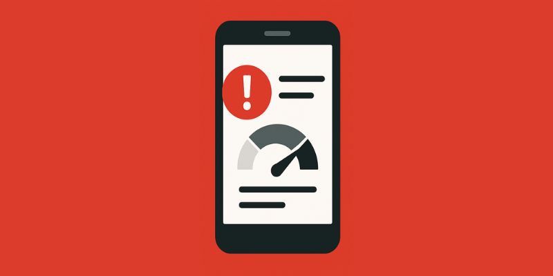 Smartphone screen showing performance gauge and warning icon on red background.
